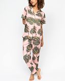 Lea Leaf Printed Jersey Pyjama Set Salmon Pink Mix TKD Lingerie Cyberjammies Fashion F1