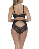 Peek A Boo Lace Bra And High Waist Brief Black Scantily TKD Lingerie Fashion B1