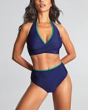 Sofia Non Wired Halter Bikini And High Waist Brief Ric Rac Navy TKD Lingerie Panache Swim Fashion F1