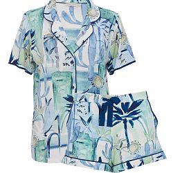 Harriet Watercolour Landscape Printed Jersey Shorty Set Teal Blue/Cream Mix