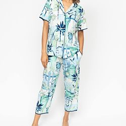 Harriet Watercolour Landscape Printed Jersey Cropped Pyjama Set Teal Blue/Cream Mix