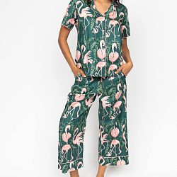 Ivy Flamingo Print Wide Leg Cropped Pyjama Set Emerald Green Mix