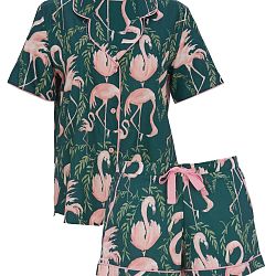 Ivy Flamingo Print Shorty Set Emerald Green Mix