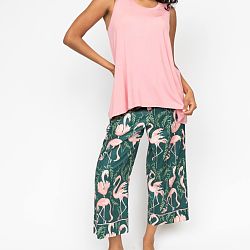 Ivy Jersey Relaxed Vest and Flamingo Print Wide Leg Cropped Pyjama Pants