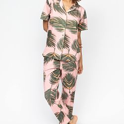 Lea Leaf Printed Jersey Pyjama Set Salmon Pink Mix