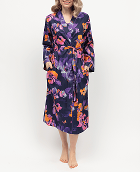 Edie Floral Print Long Dressing Gown Navy