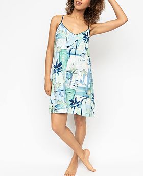Harriet Watercolour Landscape Print Nightdress Teal Blue/Cream Mix