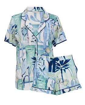 Harriet Watercolour Landscape Printed Jersey Shorty Set Teal Blue/Cream Mix
