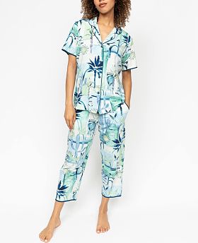 Harriet Watercolour Landscape Printed Jersey Cropped Pyjama Set Teal Blue/Cream Mix