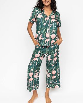 Ivy Flamingo Print Wide Leg Cropped Pyjama Set Emerald Green Mix
