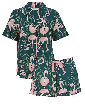 Ivy Flamingo Print Shorty Set Emerald Green Mix