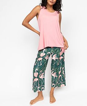Ivy Jersey Relaxed Vest and Flamingo Print Wide Leg Cropped Pyjama Pants