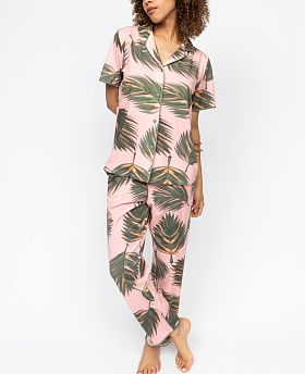 Lea Leaf Printed Jersey Pyjama Set Salmon Pink Mix