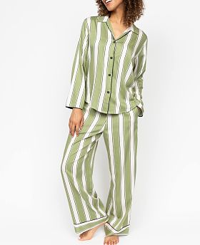 Nancy Printed Stripe Wide Leg Pyjama Set Green Mix